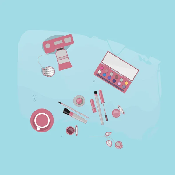 Konzept Der Beauty Bloggerin Kosmetikprodukte Digitale Geräte Vor Lebendigem Hintergrund — Stockvektor