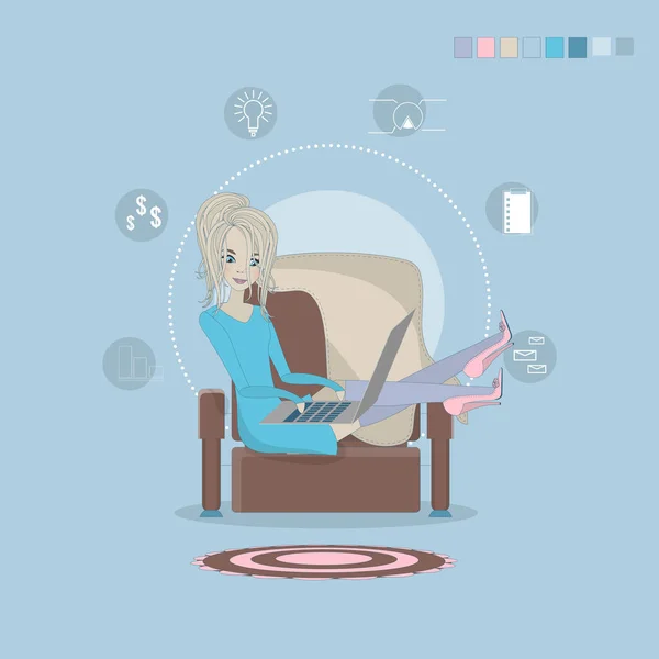 年轻的成年妇女在家工作矢量概念插图 自由职业者的女性字符在家工作 笔记本电脑坐在舒适的扶手椅 家庭办公室 远程工作 — 图库矢量图片