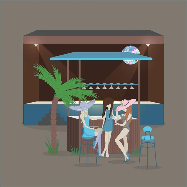 Vektor Illustration Einer Beachparty Flachen Stil Mädchen Der Bar — Stockvektor