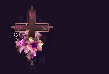 Ornate christian cross with flowers vector. Religion concept.