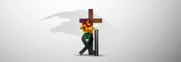 Religion, décès, funérailles, croix, bougies, fleurs. Vecteur — Image vectorielle