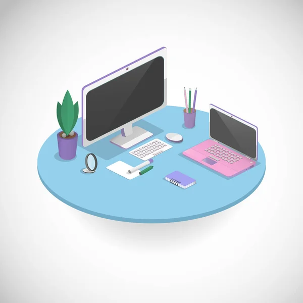 Vector isometric workplace with computer. Work at home at the computer. — Stock Vector