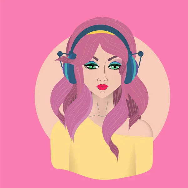 Una chica con el pelo suelto escucha música en los auriculares . — Vector de stock