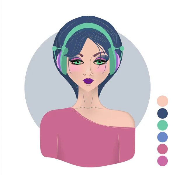 Una chica con el pelo suelto escucha música en los auriculares . — Vector de stock