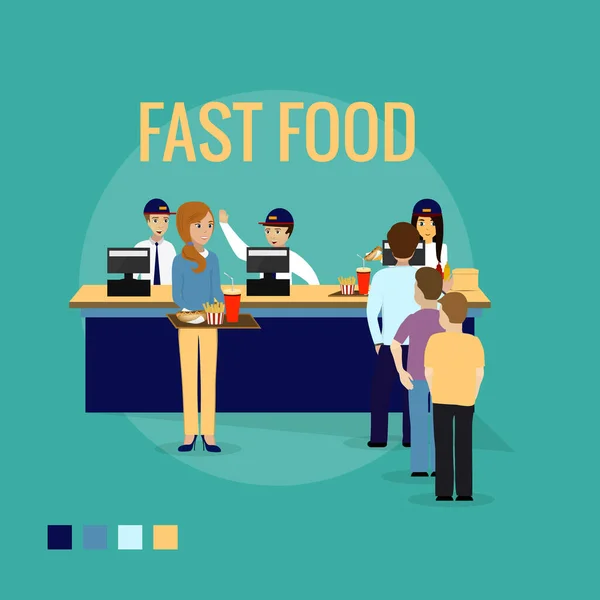 Fast food. Werknemers in uniformen en mensen. EPS10. — Stockvector