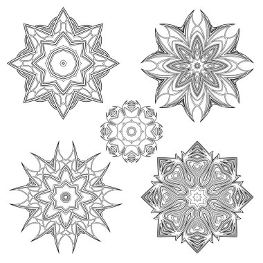 Vektör Monokrom Mandalas kümesi. Beyaz arka planda izole edilmiş yuvarlak soyut nesneler. Etnik Dekoratif Element