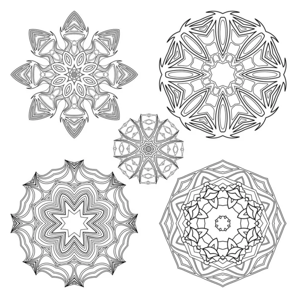 Vector Monocromo Conjunto Mandalas Objetos Abstractos Redondos Aislados Sobre Fondo Gráficos Vectoriales