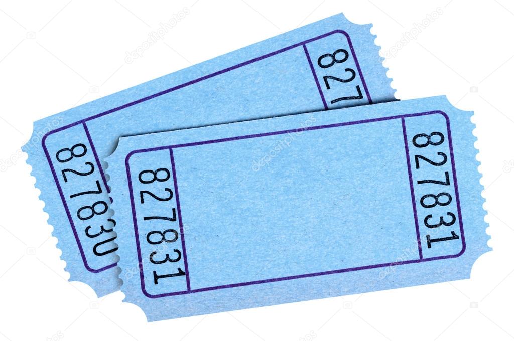 Pair of blank blue movie or raffle tickets isolated on white bac