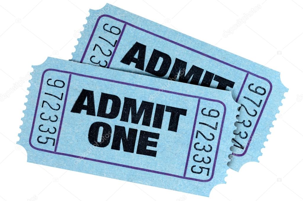 Two blue admit one movie tickets isolated on white background.
