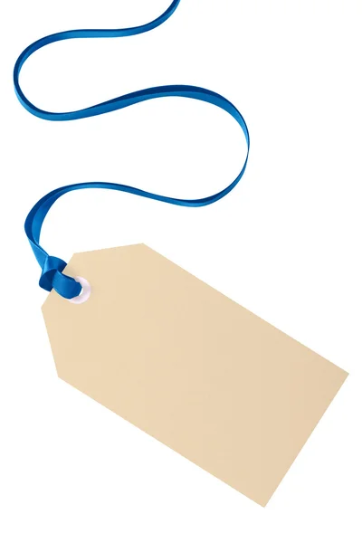 Christmas gift tag met blauw lint geïsoleerd op witte achtergrond — Stockfoto