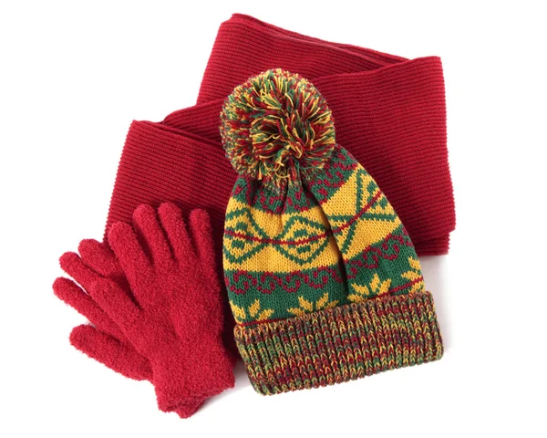 Chapéu de inverno, cachecol e luvas — Fotografia de Stock