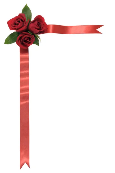 Květinové roh rámečku, červené růže, stuha, vertikální — Stock fotografie