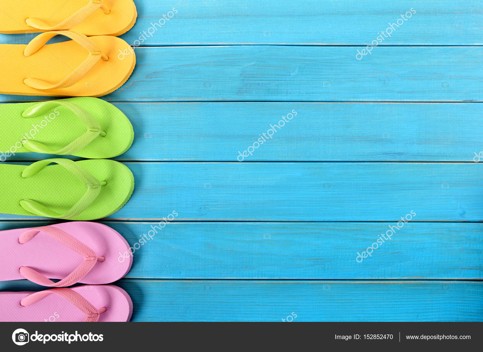 Side border row of flip-flops on blue background wood beach deck Stock ...