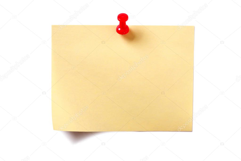 Yellow sticky post note with pin isolated on white