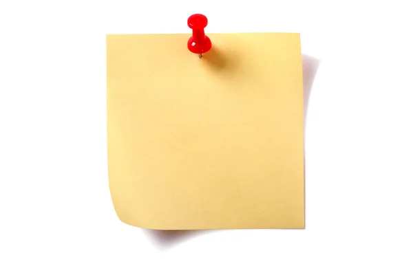 Sarı kare yapışkan post Not üzerinde beyaz izole raptiye ile — Stok fotoğraf