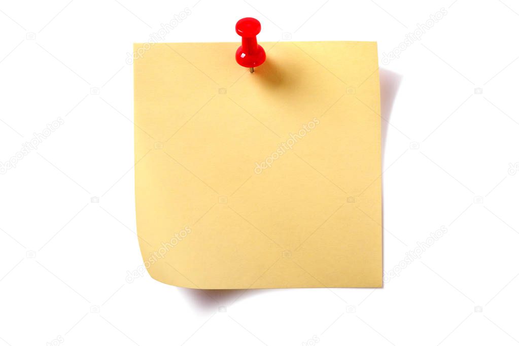 Yellow square sticky post note with pushpin  isolated on white