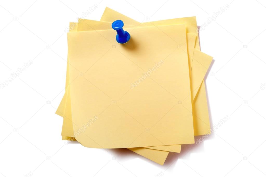 Yellow sticky post notes with pushpin pin isolated on white back