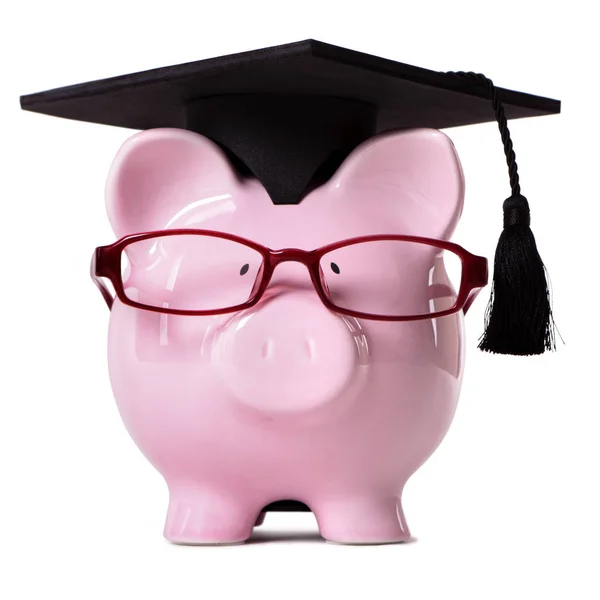 Pink Piggy banco universitário estudante argamassa bordo óculos — Fotografia de Stock