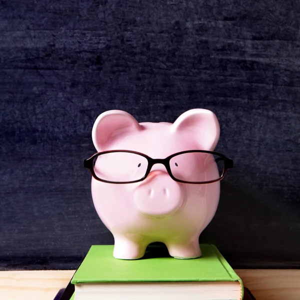 Hucha con gafas y pizarra —  Fotos de Stock