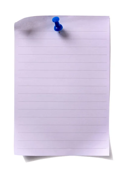 Blocco note di carta foderato pagina foglio pushpin isolato sfondo bianco — Foto Stock