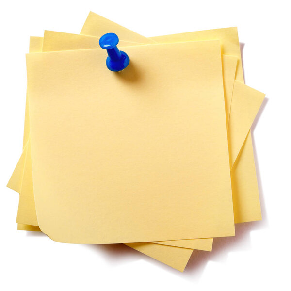 Yellow sticky post notes with pushpin pin isolated on white background