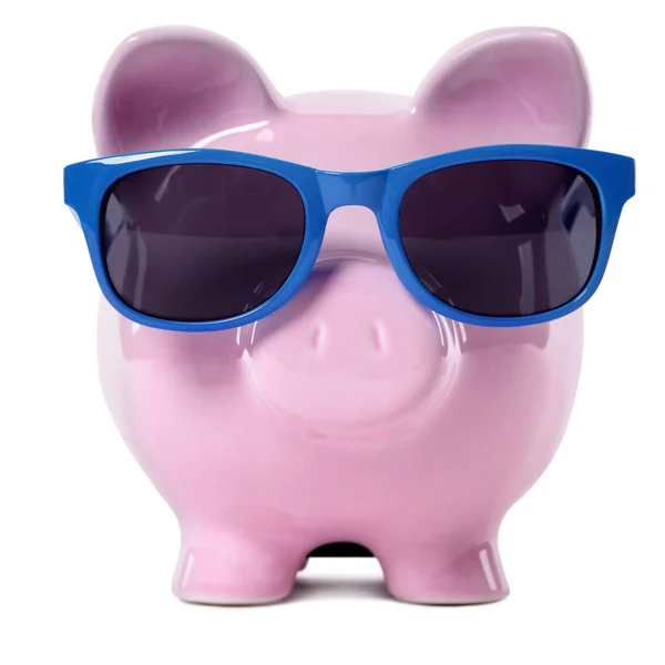 Pink Piggy Banco Azul Óculos Sol — Fotografia de Stock