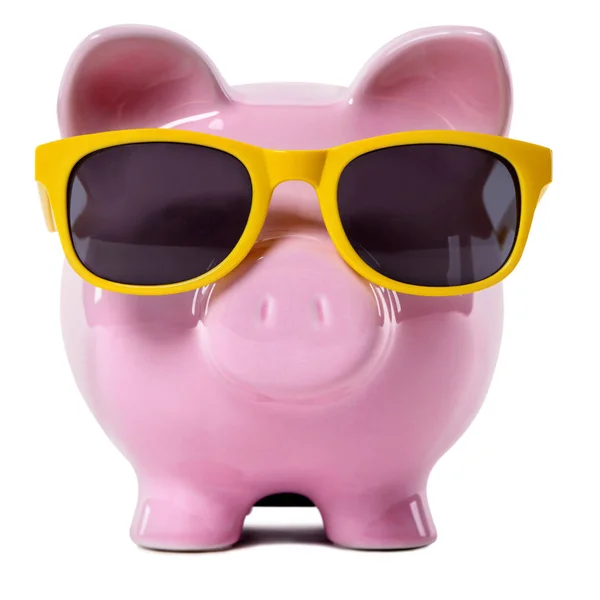 Banco Piggy Rosa Usando Óculos Sol Amarelos — Fotografia de Stock