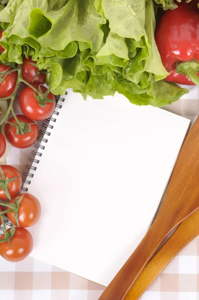 Salad with blank recipe book — Stock Photo, Image