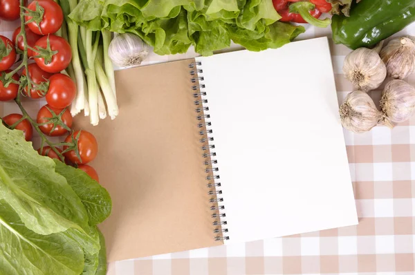 Selection Salad Vegetables Blank Recipe Book Notebook Check Tablecloth — Stock Photo, Image