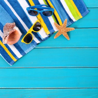 Çizgili havlu, güneş gözlüğü, deniz yıldızı ve seashell Beach sahne 