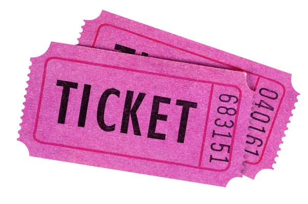 Två Lila Eller Rosa Film Eller Lotteri Biljetter Isolerad Vit — Stockfoto