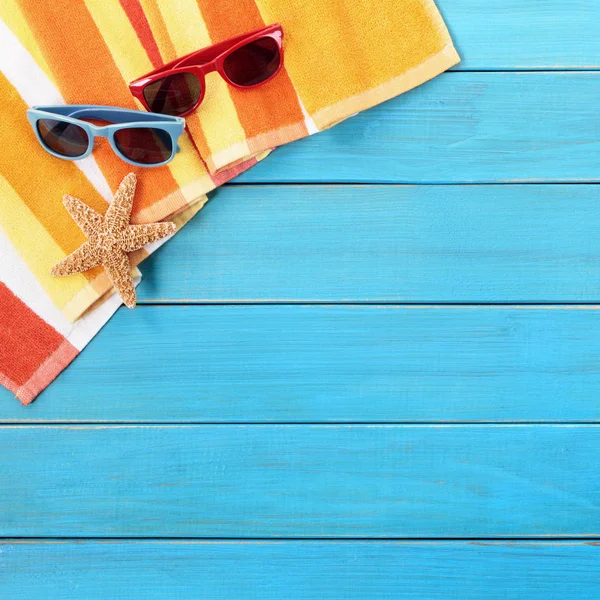 Fondo Playa Verano Gafas Sol Estrellas Mar Espacio Para Copiar — Foto de Stock