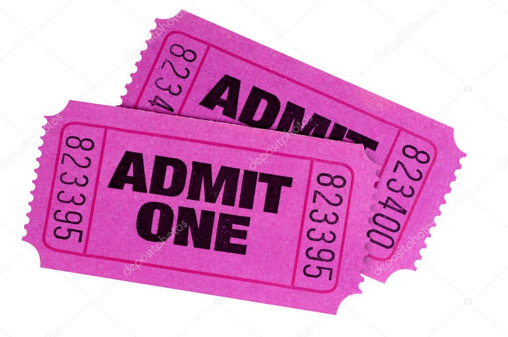 Two purple or pink movie tickets isolated on a white background.