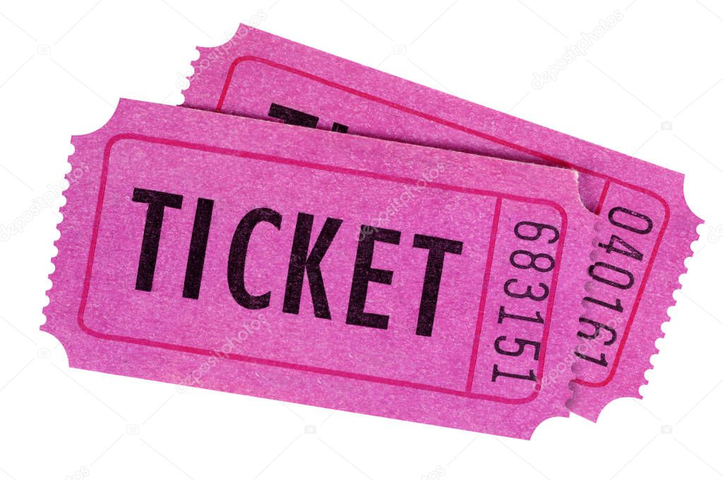 Two purple or pink movie or raffle tickets isolated on a white background.