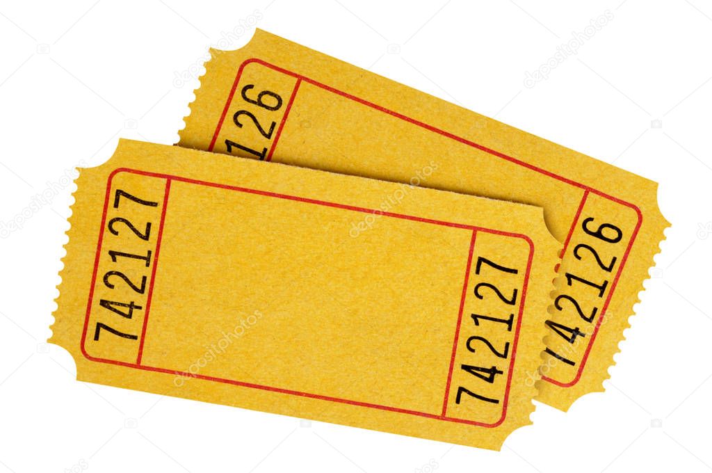 Two blank yellow movie tickets isolated on a white background.