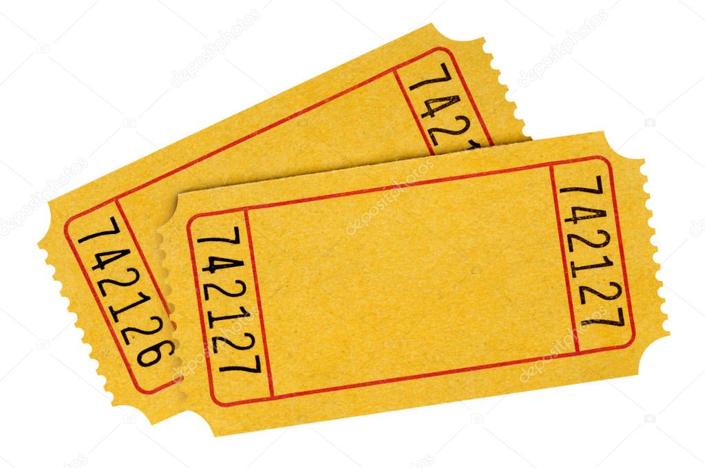 Two blank yellow raffle tickets isolated on a white background.