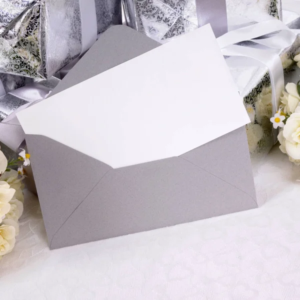 Wedding gifts with invitation or thank you card — Stock Photo, Image