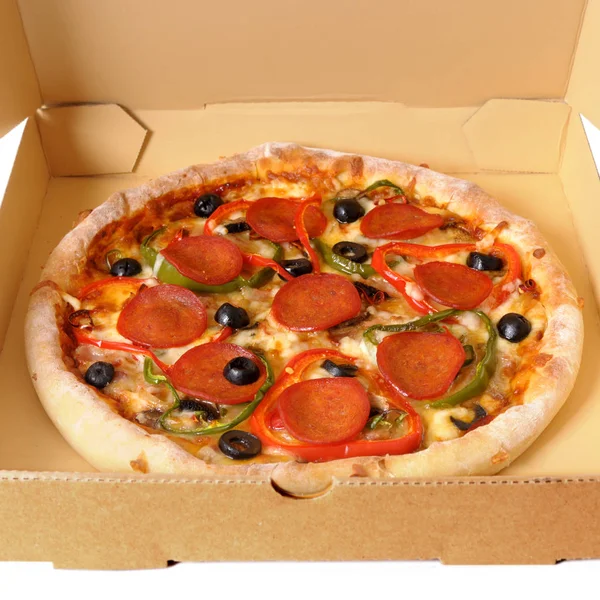 Freshly baked Pepperoni Pizza in a delivery box. Royalty Free Stock Photos