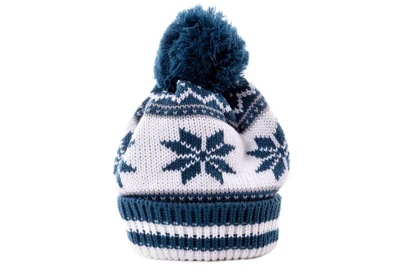 Blauwe winter bobbel ski hoed sneeuwvlok patroon — Stockfoto