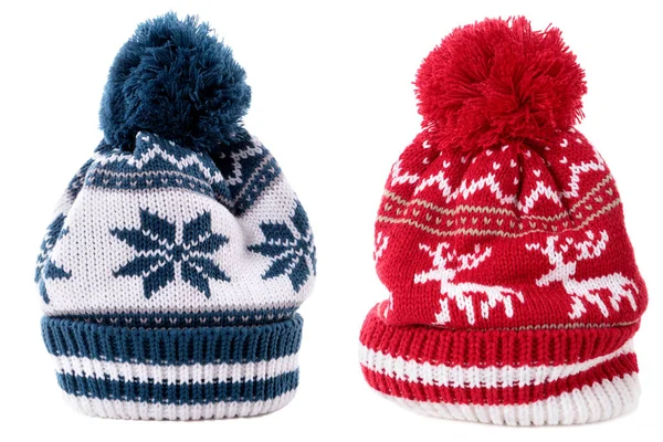 Red blue winter bobble ski hat isolated white — Stok Foto