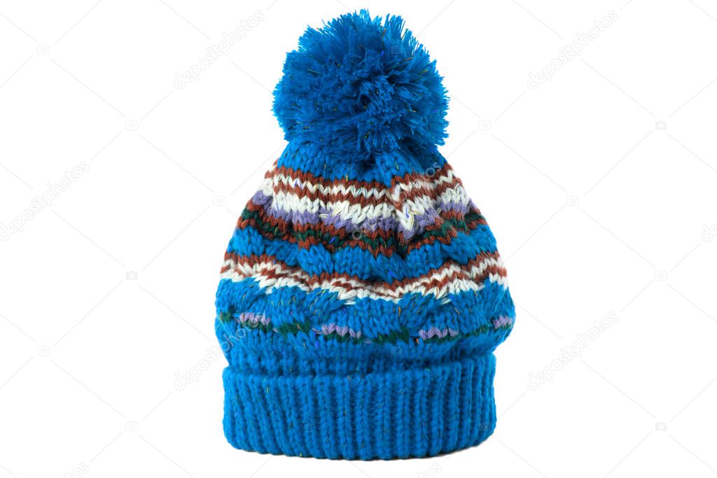 Blue winter knit ski hat isolated white