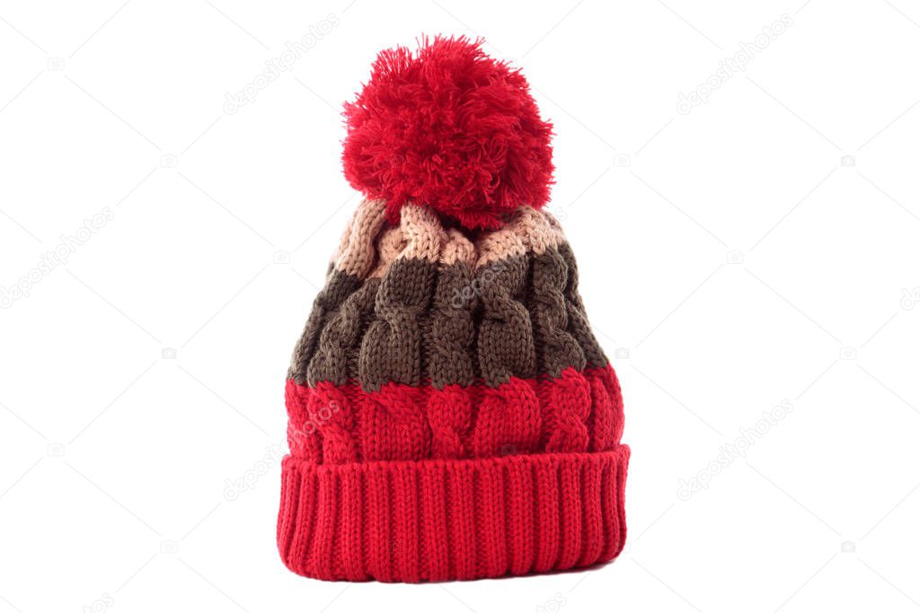 Red winter knit ski hat isolated white