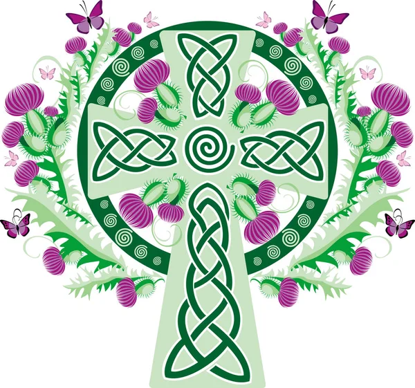 Celtic cross with a vignette of a thistle flower — Stock Vector