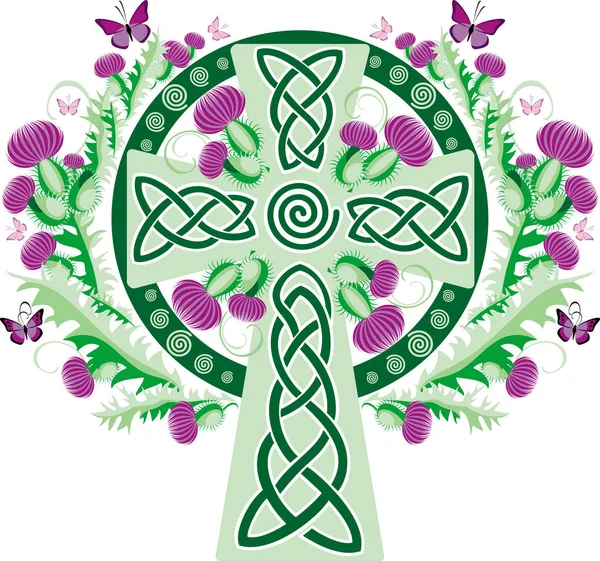 Keltský kříž s vignette květu bodláku Stock Vektory