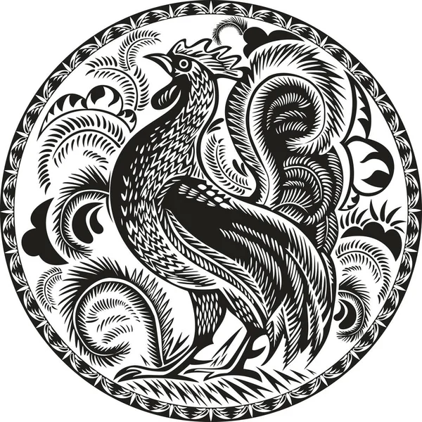 Black and white rooster in a circle with pattern — Stock Vector