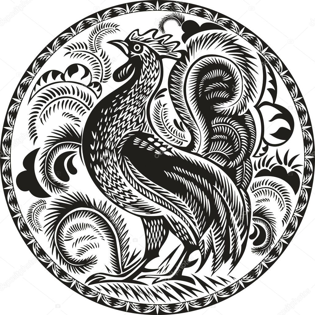 black and white rooster in a circle with pattern