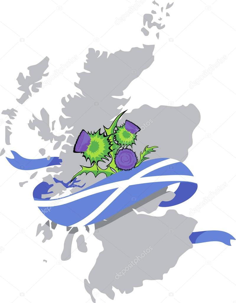 scotland map with scottish flag and thistle flowers
