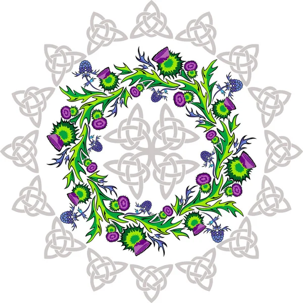 Une rosette avec des fleurs de chardon et des nœuds celtiques — Image vectorielle