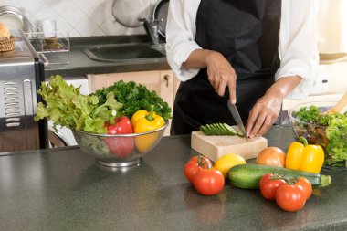 Genç Asyalı kadın iş modern mutfak pişirme