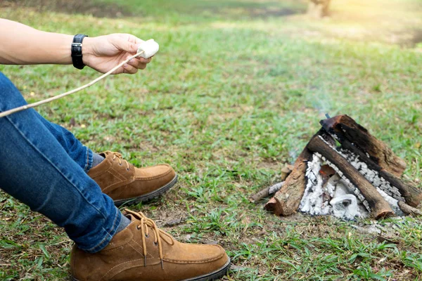 Arrosto dolce in fiamme in campeggio nel campeggio natura — Foto Stock